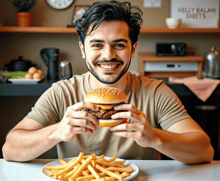 Man eating burger and chips