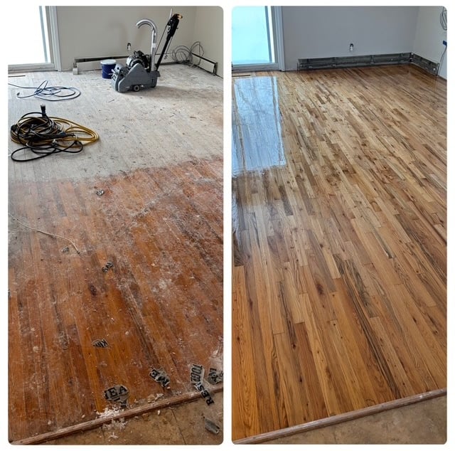 Before and after hardwood floor refinishing project completed in Syracuse, New York