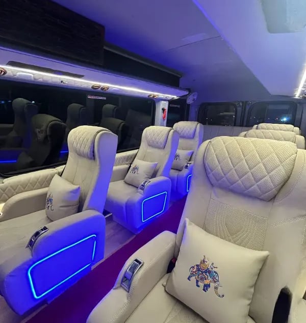 Urbania luxury tempo traveller interior for rent in Delhi with premium seating and modern design