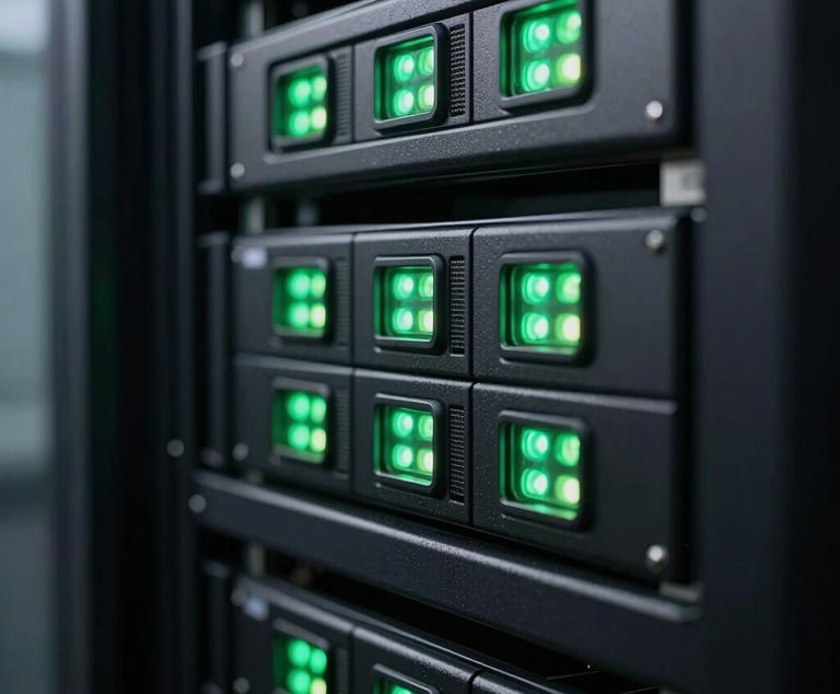 Macro close-up of high-speed server racks in a dark data center, glowing green status lights casting a soft neon hue on black matte metal, shallow depth of field, ultra-precise corporate technology aesthetic.