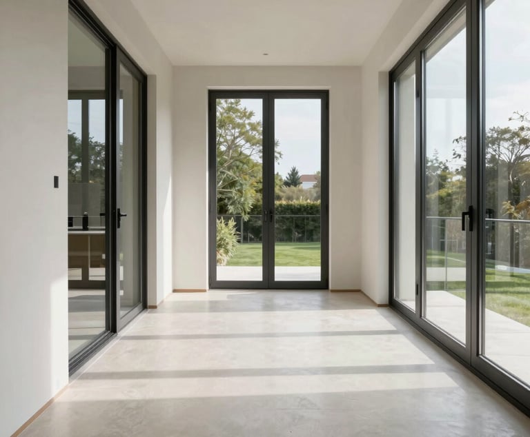 Frontal architectural view of a luxury residential interior, perfect joints between microcement floor and steel frames, clean geometric lines, bright natural light.