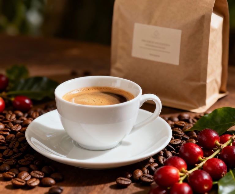 artisanal coffee cup with roasted beans and fresh cherries in warm natural light