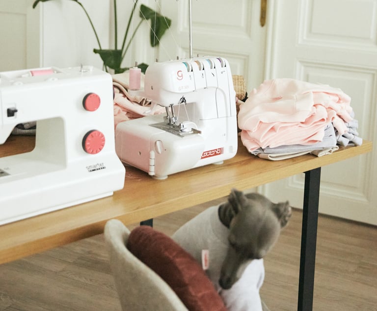 a cat sitting on a table with a sewing machine
