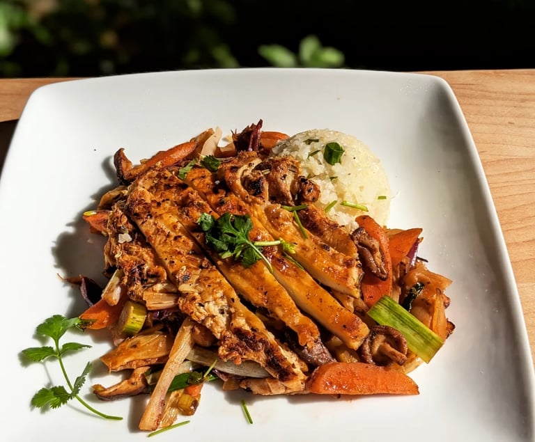Lion's Mane Mushroom Steak with Lavender Pepper, Vegetable Stir Fry, Cauliflower Rice. Gluten-free
