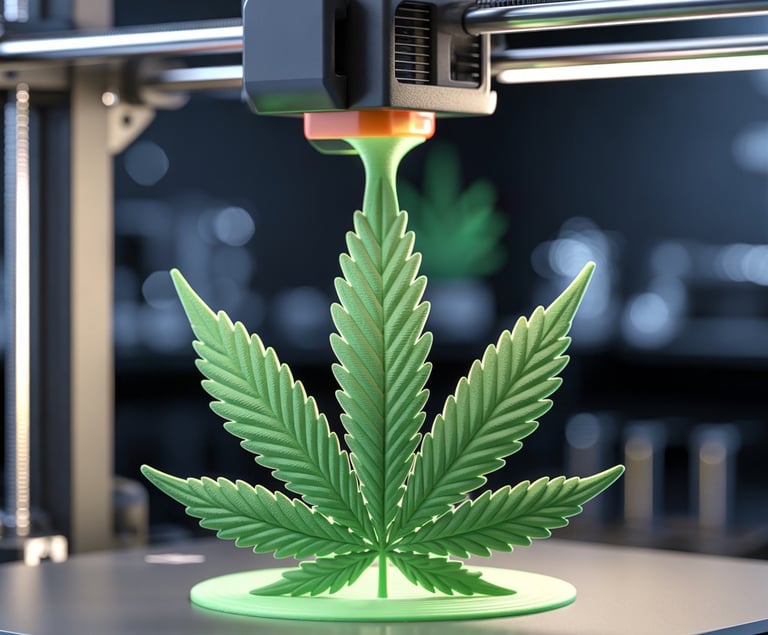foglia di cannabis sul piano di stampa di una stampante 3d