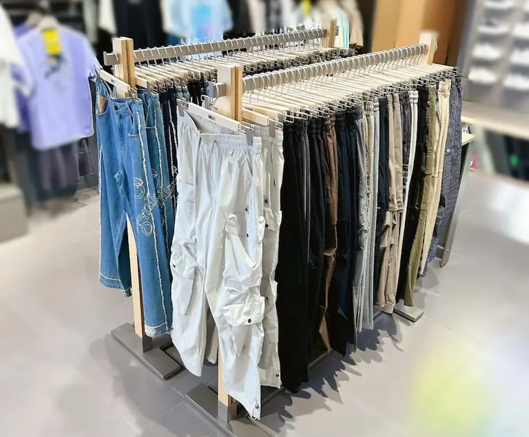 Clothing rack in a retail store displaying an assortment of cargo pants and denim jeans on hangers.