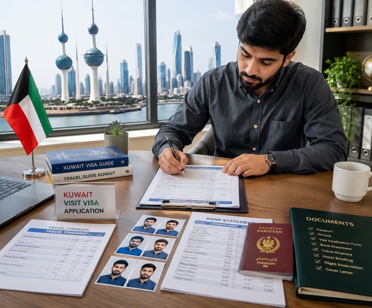 Pakistani traveler preparing Kuwait visit visa documents for 2026 application.