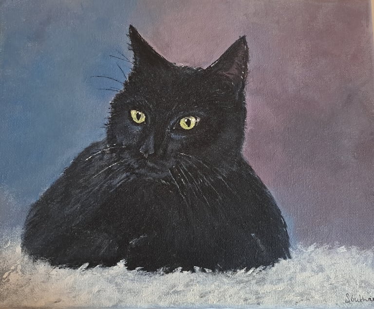 black short haired cat acrylic on canvas painting