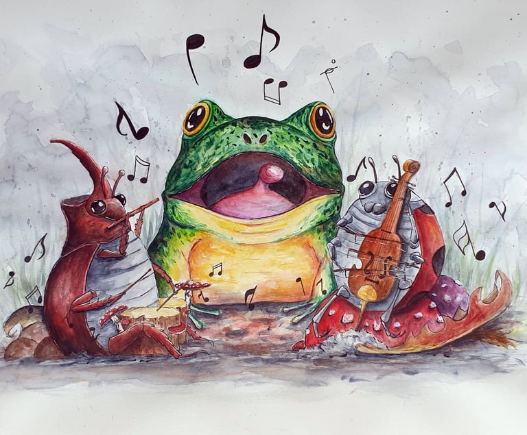 Illustration aquarelle d'une grenouille, un scarabée et une coccinelle qui font de la musique