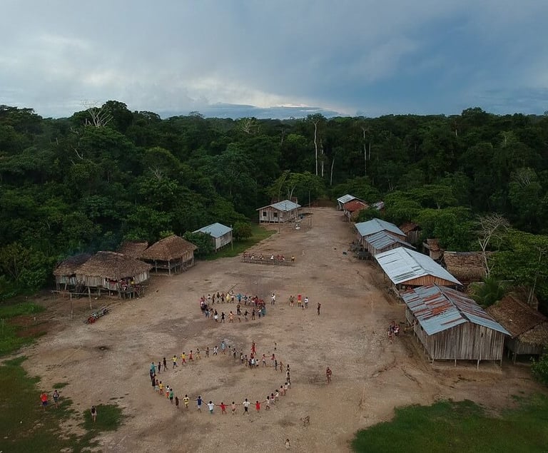 a group of people standing around a group of houses