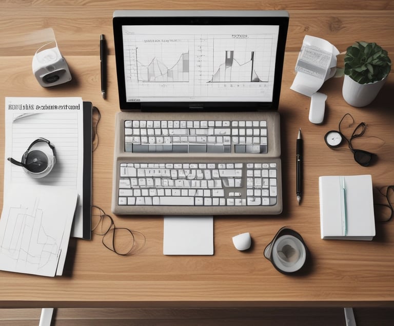 A clipboard with a blank payments checklist is placed on a marble surface next to an open laptop and a white pen. The setup appears to be organized for financial planning or administrative work.
