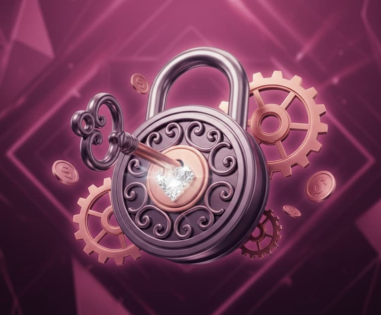 "3D ilustracija luksuznog ružičastog katanca sa dijamantom i ključem za Premium escape room paket."