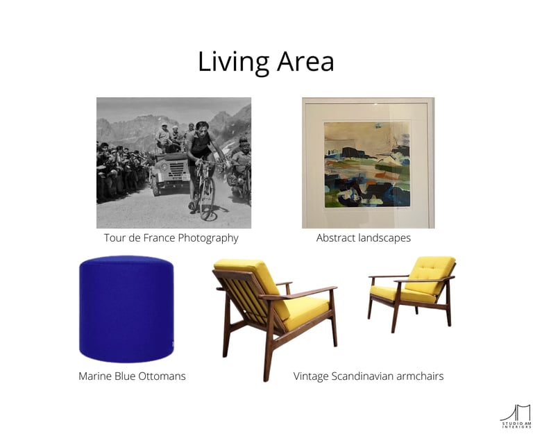 Existing artwork and suggested mid-century armchair in yellow and deep blue ottoman