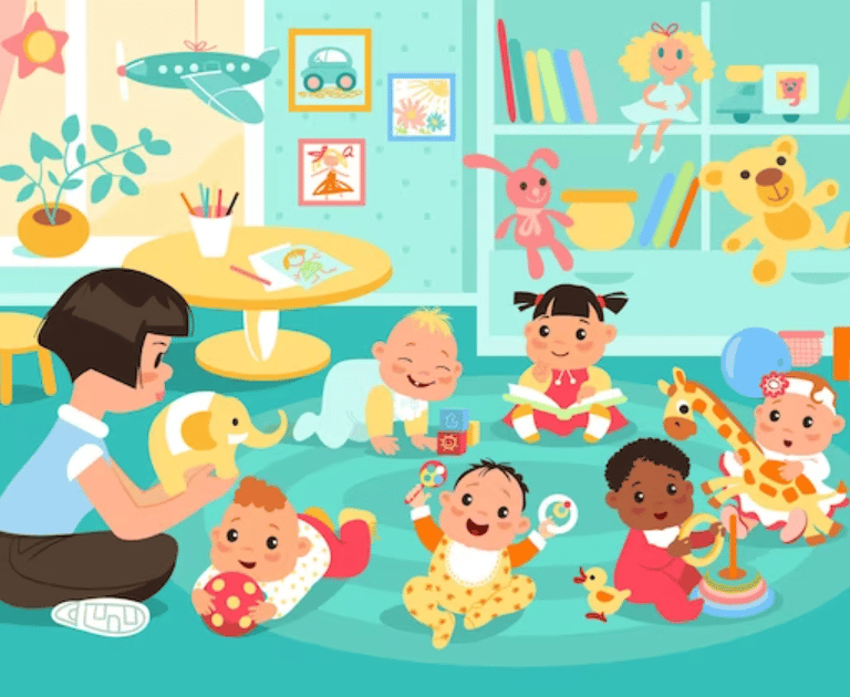 groupe d'enfants Astro'mômes jouant avec des jouets dans la crèche / micro-crèche