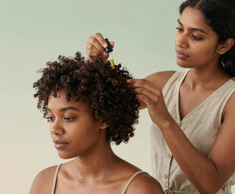 A woman applying essential hair oil treatment to another woman's curly hair with a dropper.
