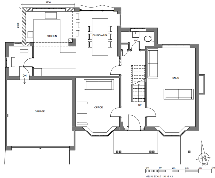 2D proposed ground floor plan for a kitchen extension for a fully detached property