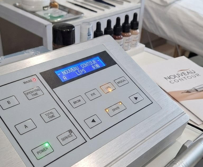 Professional Nouveau Contour permanent makeup machine and pigments in a sterile cosmetic tattoo clinic.
