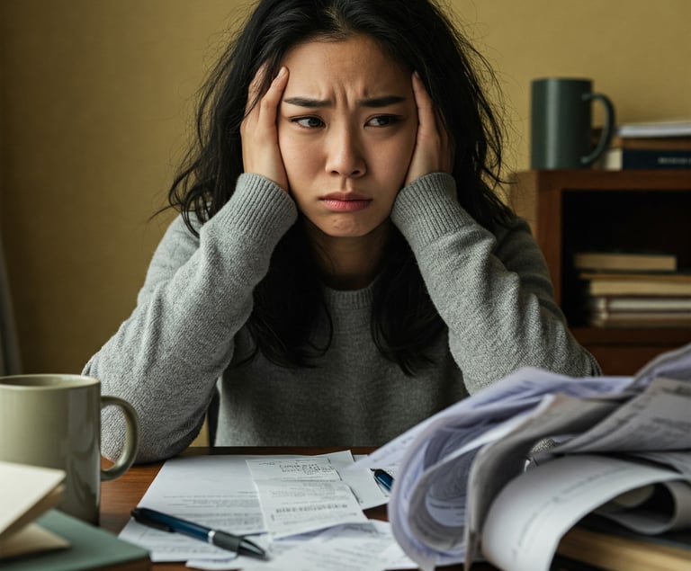 Mujer con expresion de preocupacion revisando facturas