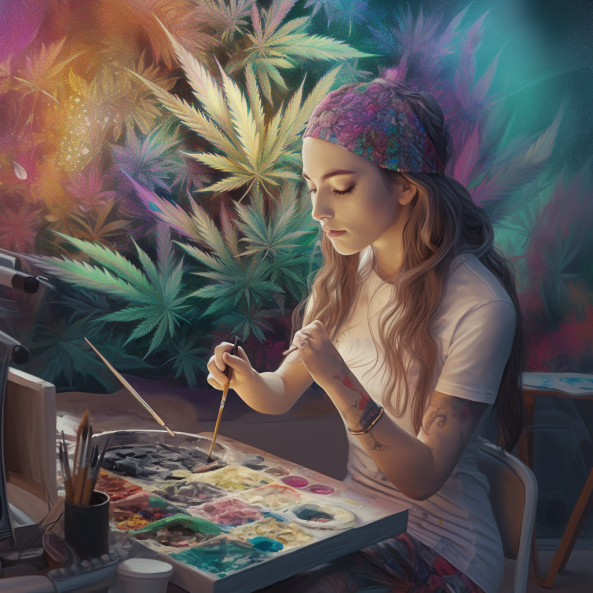 woman painting cannabis on canvas ai art