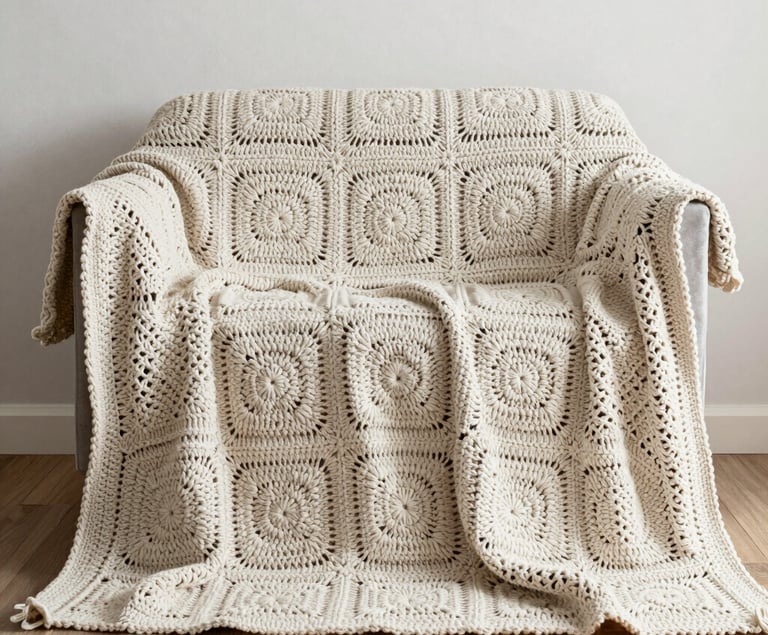 traditional crochet blanket in neutral colours