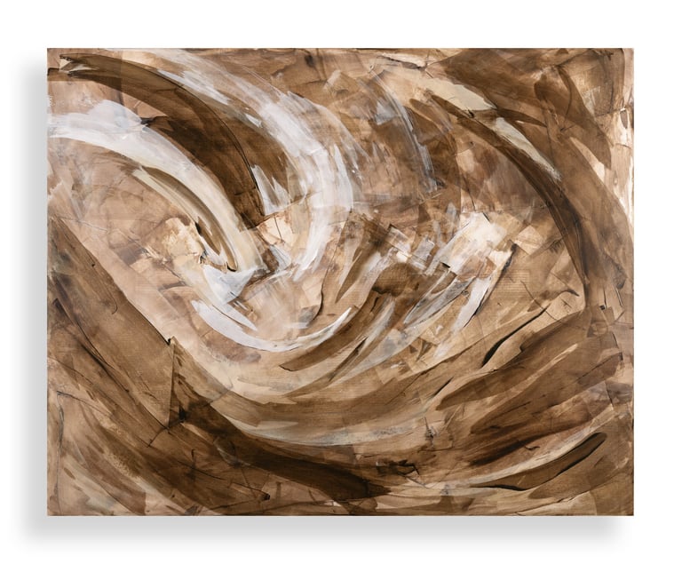 Abstract acrylic painting with expressive brown and white brushstrokes in a swirling motion.