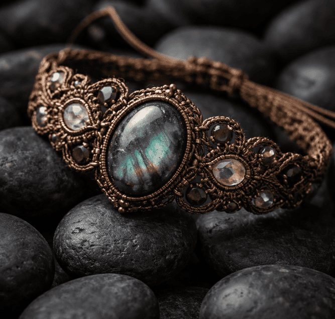 pulsera elaborada a mano con macramé y piedras naturales 