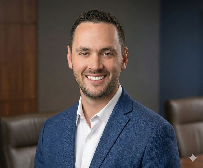 Professional headshot of a smiling male executive in a blue blazer and white shirt in an office setting.