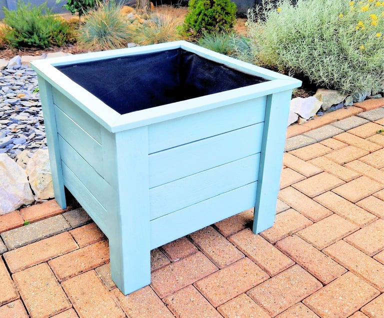 large wooden square planter on legs handmade in uk painted in colour