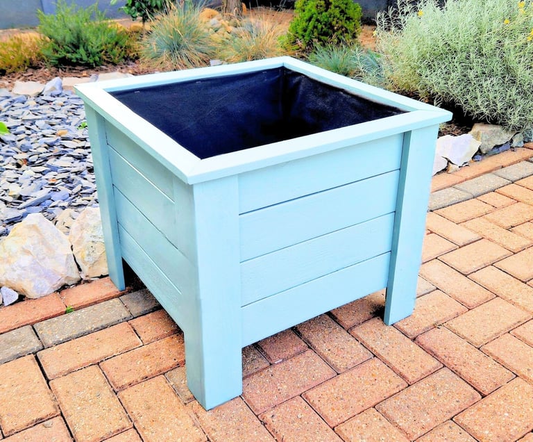 large wooden square planter on legs handmade in uk painted in colour