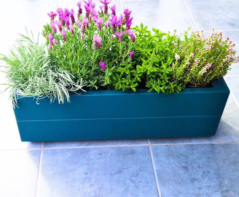wooden trough flower window box planter with flowers and herbs made from high quality wood painted in sage green colour