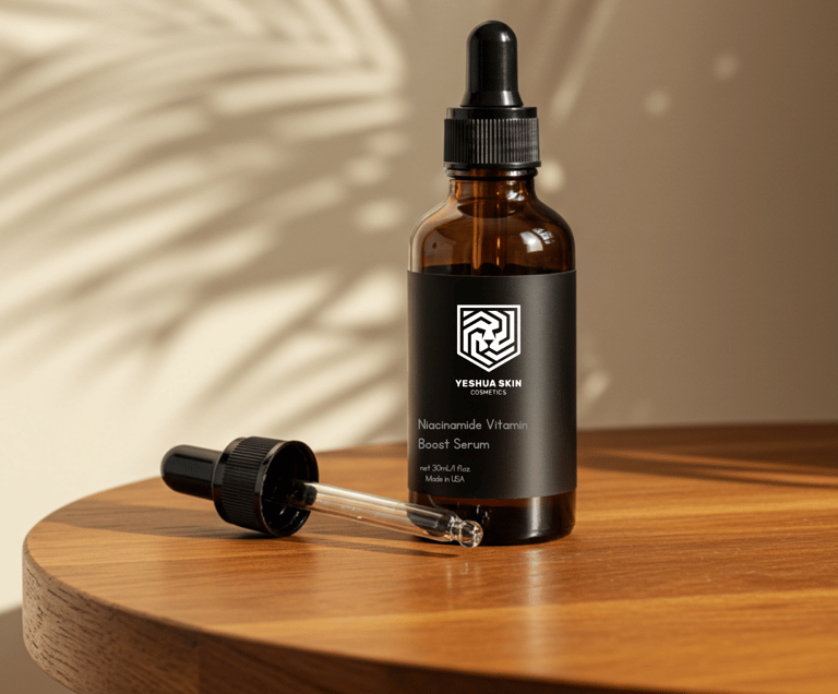 a bottle of serum in a brown glass bottle on a table