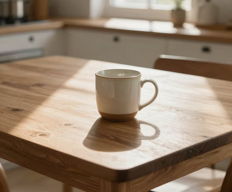 A sunlit wooden kitchen table with a single ceramic mug resting on the surface, soft natural daylight streaming from a window, peaceful residential atmosphere.