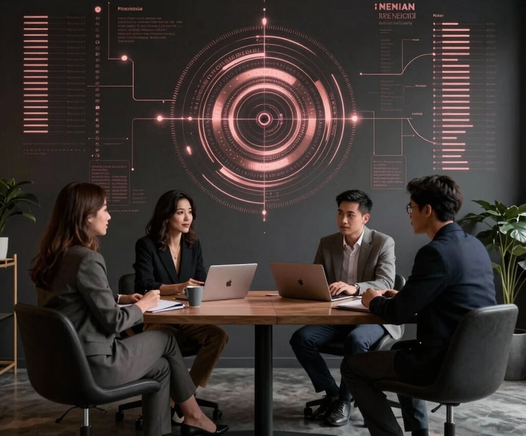 Rose-gold chrome accented schematic of a modular AI system architecture.