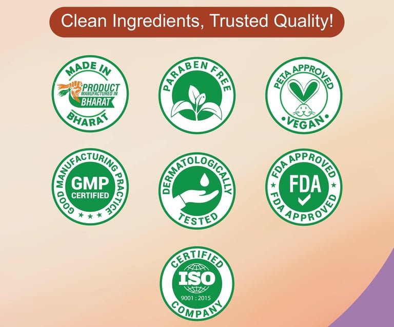 Green certification seals for paraben-free, vegan, GMP, and FDA approved clean beauty products.