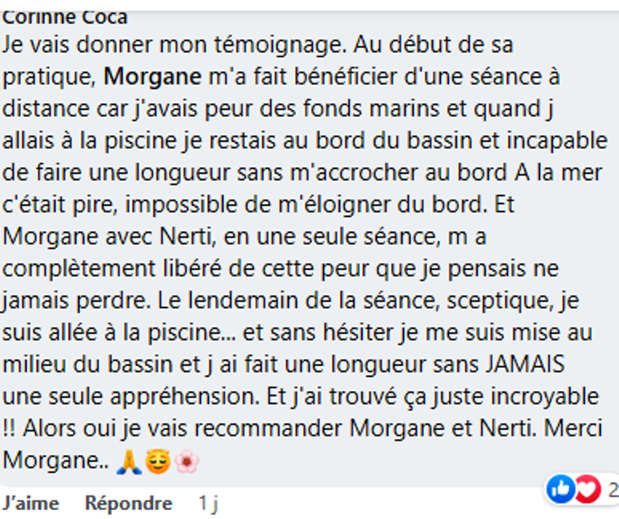 Positive testimonial for Morgane and Nerti method about overcoming fear of water and swimming pools.