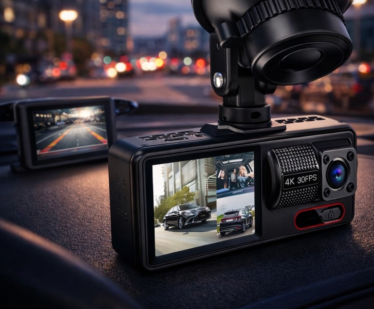 câmera veicular dupla 1080p instalada no carro com gravação frontal e traseira em uso