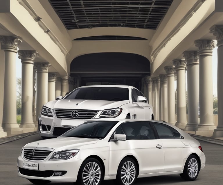 A car labeled 'Ground Service' is driving on a road in front of a large yellow sign displaying '249' with coordinates beneath. The background features a row of trees and a building with a rooftop garden, all under a clear blue sky.