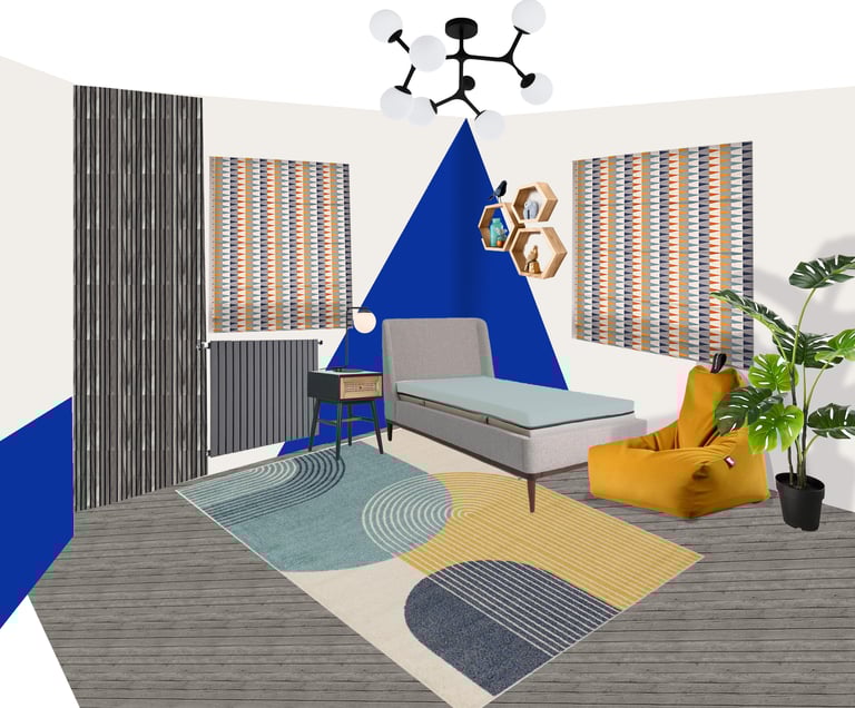 Photoshop designed image of a teen bedroom with a colour block in the corner, bean bag and wood slat