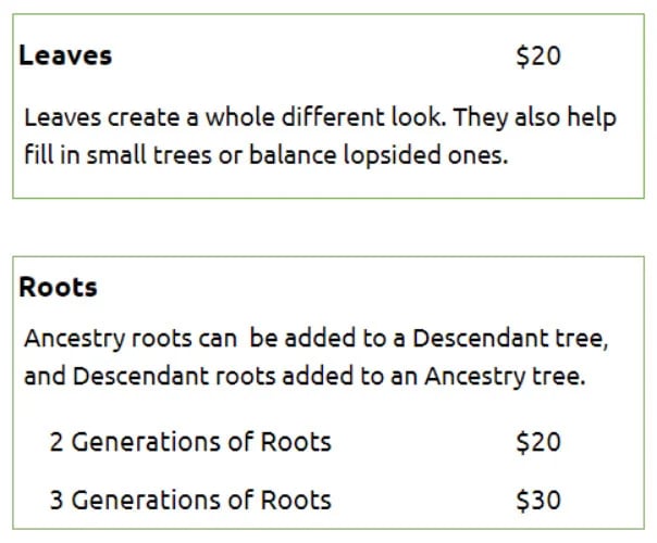 Cost to add leaves and roots to your Custom Family Tree Art