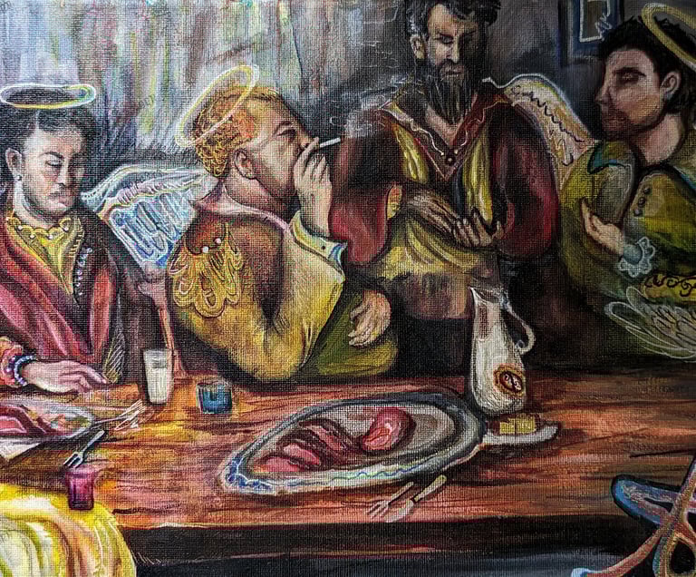 Original painting Dinner inspired from tohra. Mixed Media on canvas. Human angels. Art by Angelina.N ArtNess. Young Artist. 
