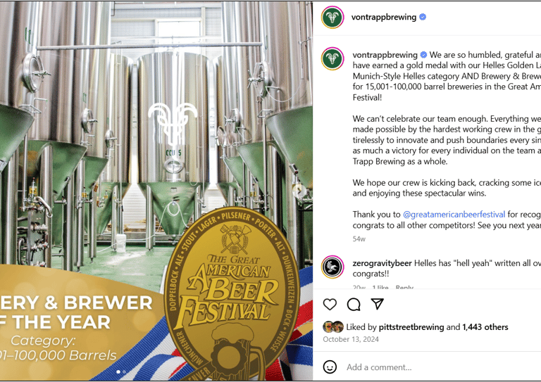 screenshot of post by vontrappbrewing winning award
