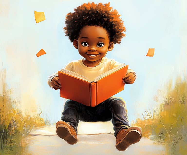 Young black boy reading a book as he demonstrates the joy of finding knowledge that helps him.