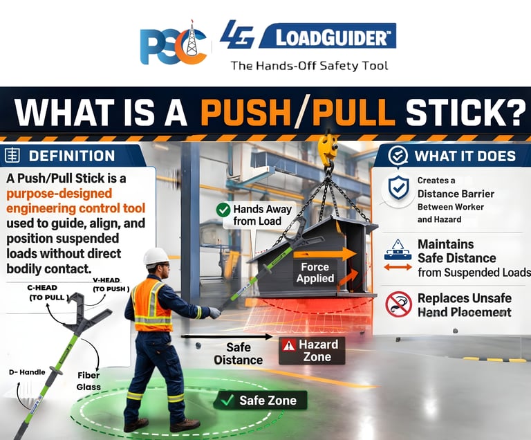 Hands-free lifting safety website design for PSC LoadGuider push pull stick with blue footer and cle