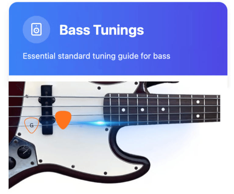 Essential standard bass tuning guide featuring a close-up of a bass guitar with orange picks.
