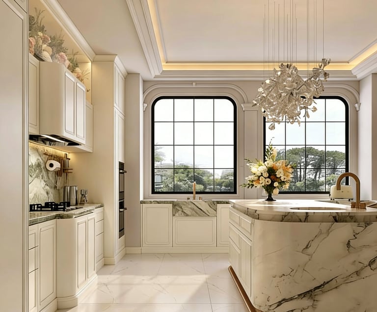 A refined and fashion-led kitchen style combining luxury details with practical cabinet design
