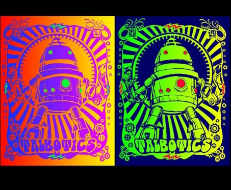 Talbotics robot logo on t-shirts in psychedelic colors.
