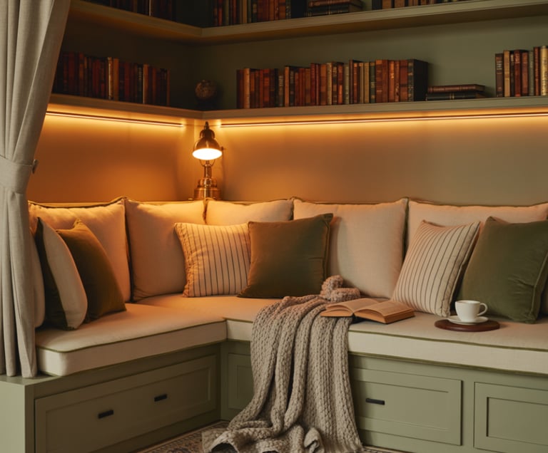 A tucked-away corner nook enclosed by walls on two sides, bench seating, warm lighting, books nearby