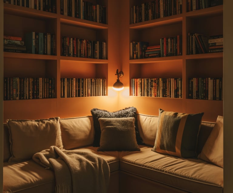 A tucked-away corner nook enclosed by walls on two sides, bench seating, warm lighting, books nearby