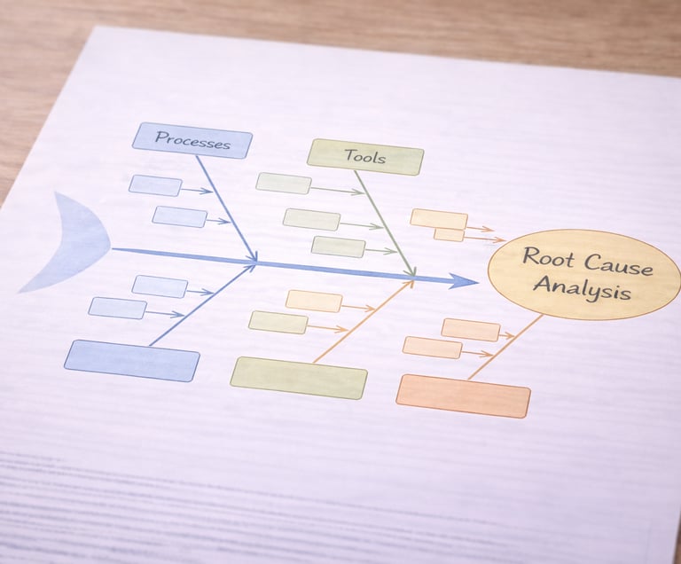 Fishbone diagram illustrating root cause analysis of processes and tools in a business workflow.