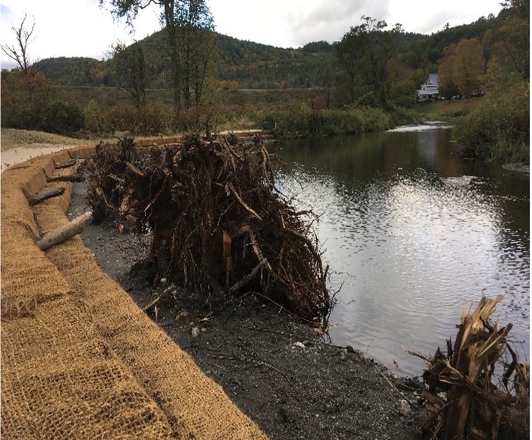 a pile of wood logs sitting on the side of a river